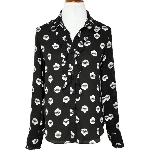 Aritzia Tops - Aritzia Black Floral Print Ruffled Long Sleeve Buttondown Blouse